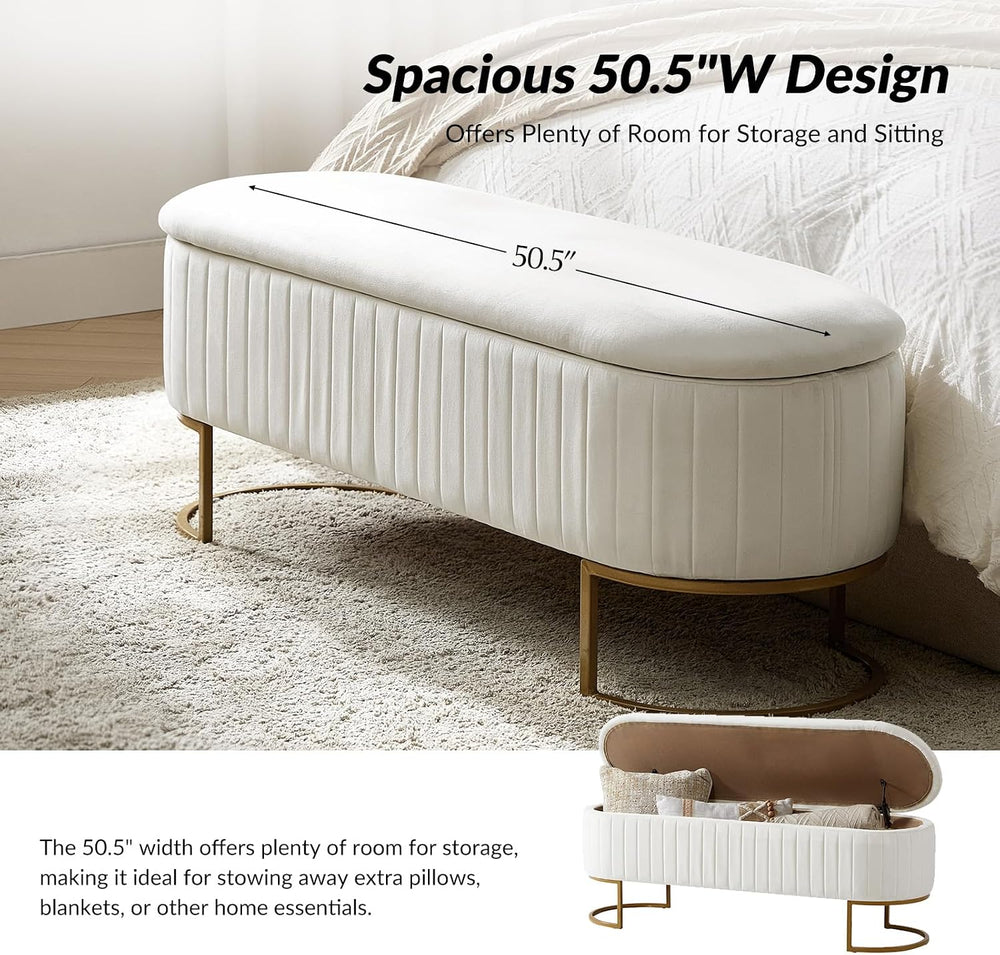 50.5” Velvet Storage Ottoman Bench with Gold-Toned Legs, Luxury Upholstered E...