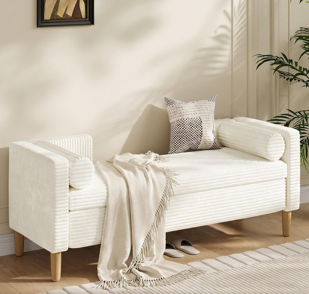 65.35" Storage Bench, Corduroy Upholstered End of Bed Bench with Bolster...