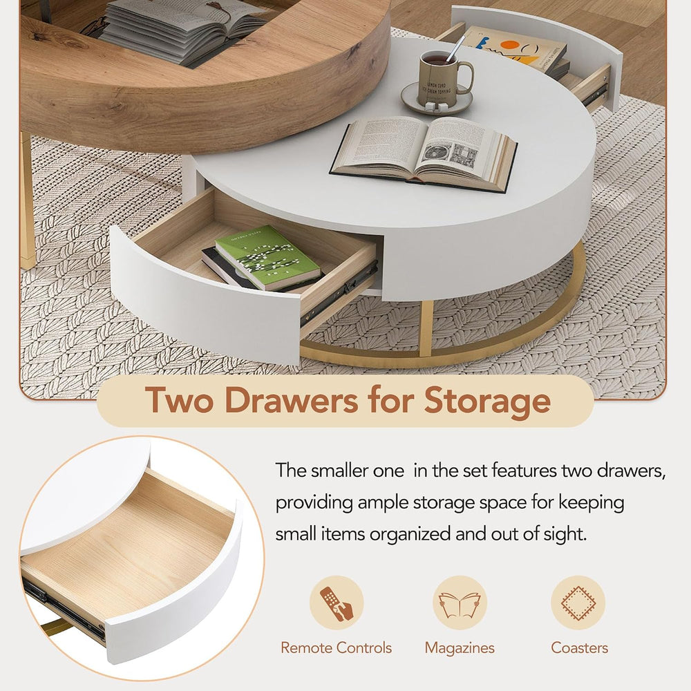 Modern Round Lift-top Nesting Coffee Tables with 2 Drawers Multiple End Table...