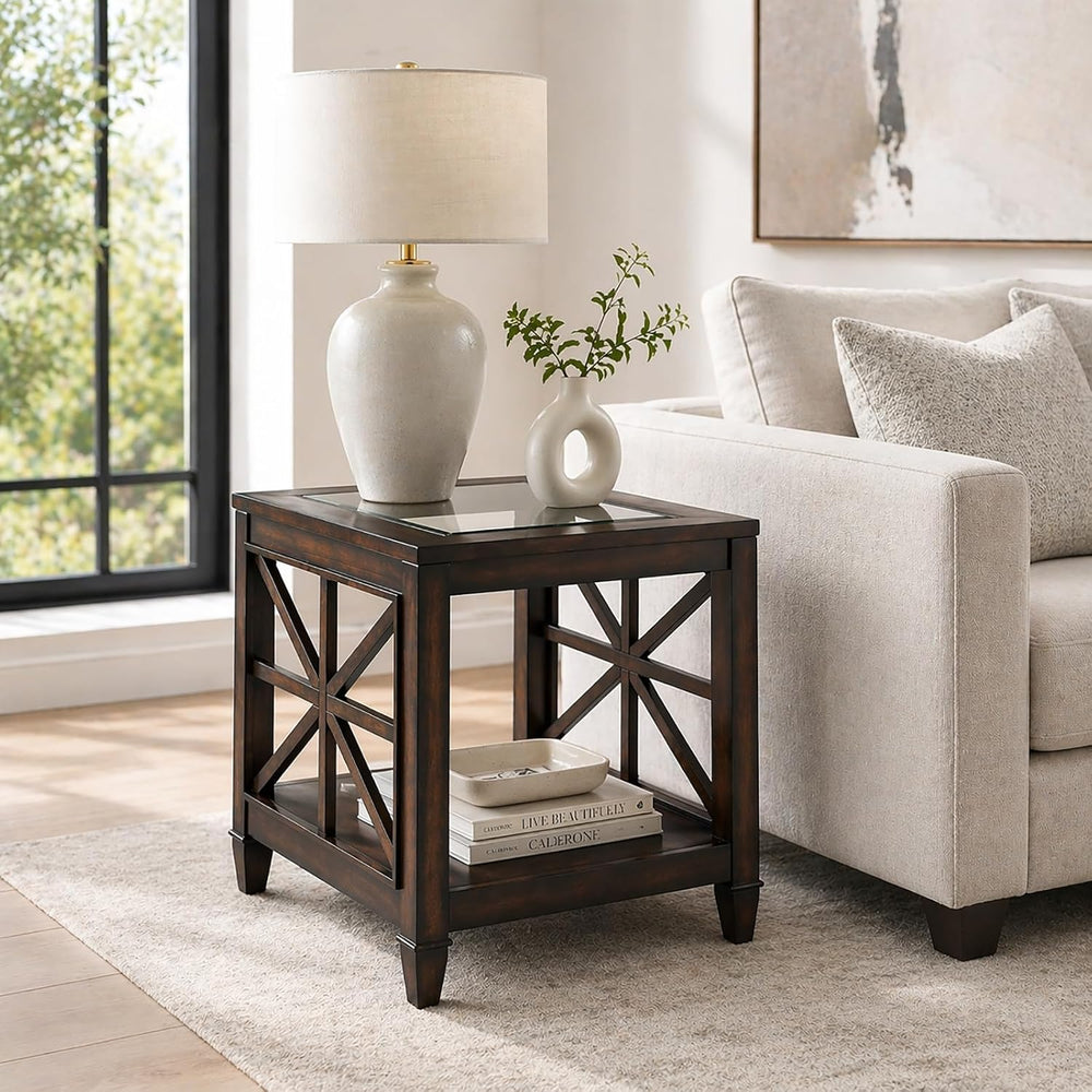 Set of 2 Large Solid Wood End Tables with Tempered Glass Top, 28" x 24&q...
