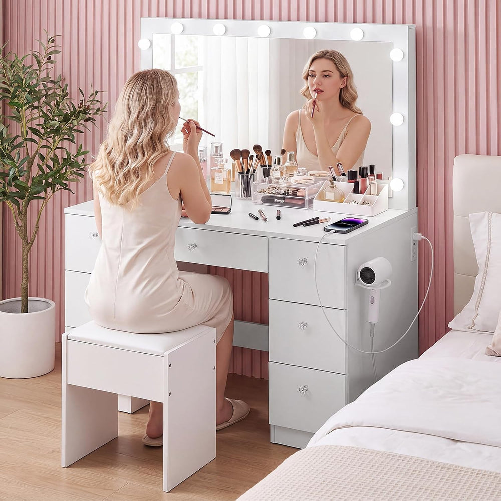 SweetGO 46" LED Lighted Makeup Vanity Desk, 7 Smooth-Glide Drawers, USB ...