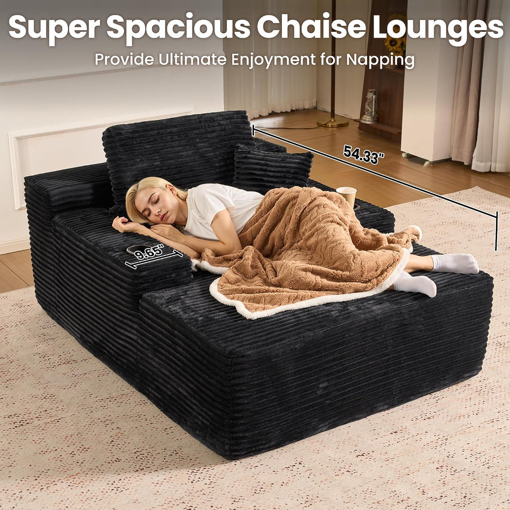 ovios 67'' Chaise Lounge Chair Indoor, Oversized Upholstered Boneless Sofa Bed with Cup Holders, Deep Seat Sleeper Couch, Plush Cloud Sofas Couches for Living Room (Faux Fur, Black)