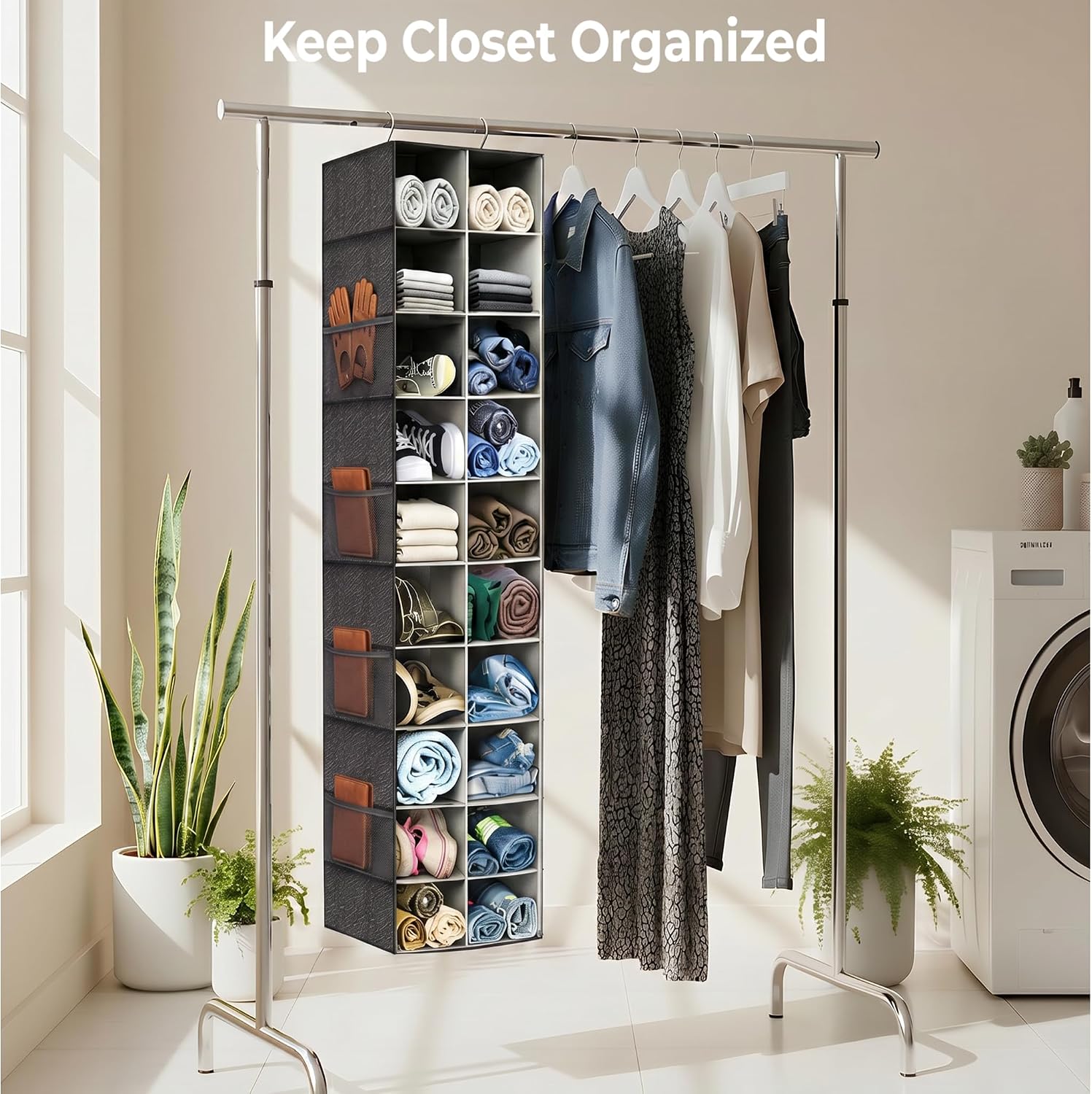 Hanging Shoe Organizer for Closet - 20 Extended Sections Closet Shoe Storage Rack with 8 Side Mesh Pockets, Foldable Shelves Holder for Shoes Clothes Shirts Jeans Hats