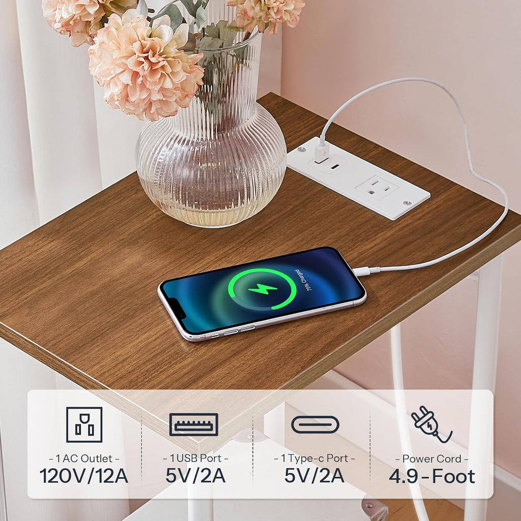 HOOBRO Side Table with Charging Station, End Table with USB Port and Outlets, Nightstand with 2-Layer Storage Shelves for Small Spaces, Living Room, Bedroom, Walnut and White WH09UBZ01