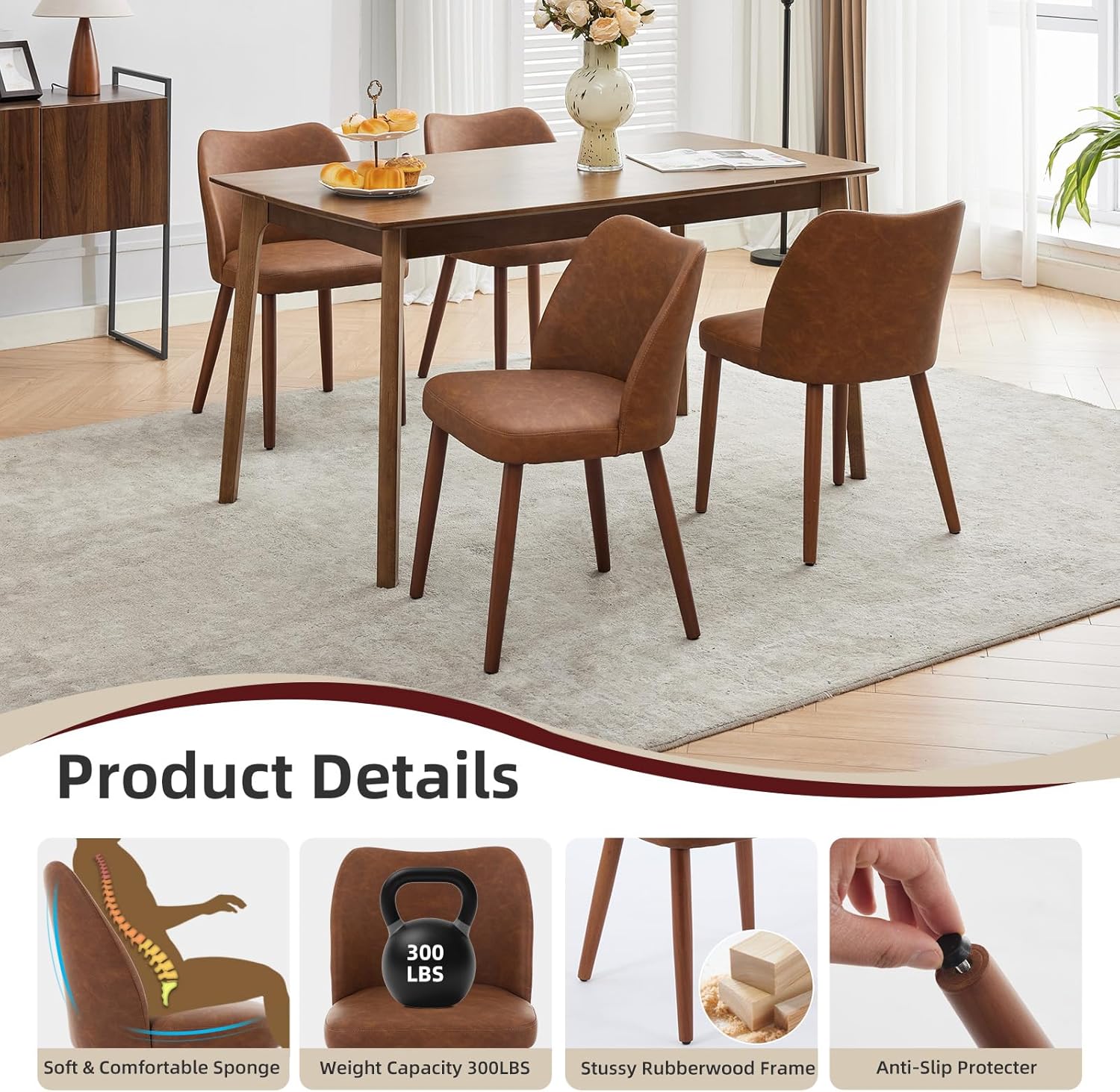 GarveeHome Leather Dining Chairs Set of 4 Upholstered PU Dining Chair with Wood Legs, Wing Backrest, Wooden Kitchen Chairs with Thick Cushions, Leveling Feet for Dining Room, Living Room, Brown