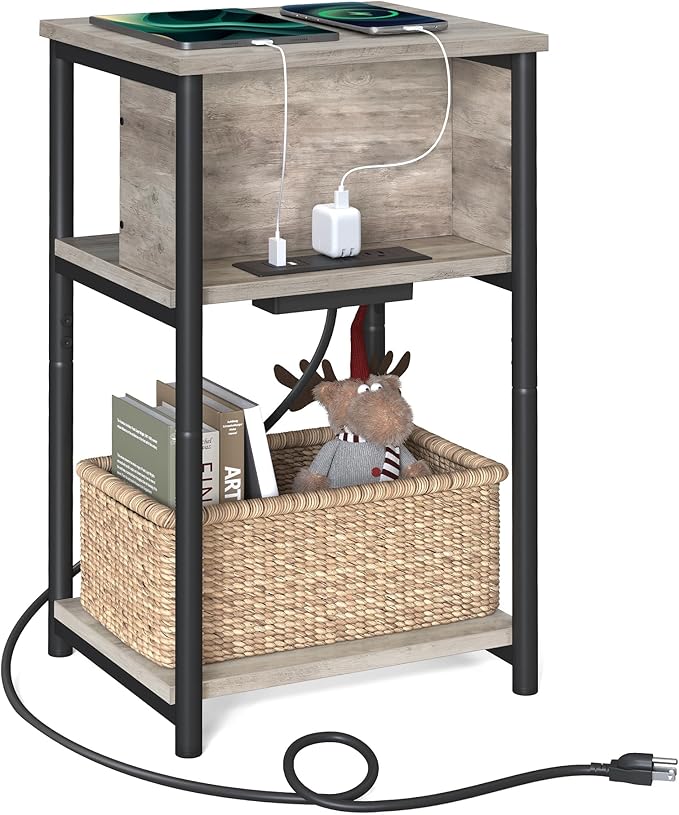 VASAGLE Side Table with Charging Station, 3-Tier End Table with USB Ports and Outlets, Nightstand for Living Room, Bedroom, 11.8 x 13.4 x 22.8 Inches, Plug-in Series, Greige and Black