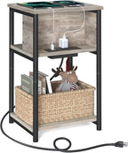 VASAGLE Side Table with Charging Station, 3-Tier End Table with USB Ports and Outlets, Nightstand for Living Room, Bedroom, 11.8 x 13.4 x 22.8 Inches, Plug-in Series, Greige and Black