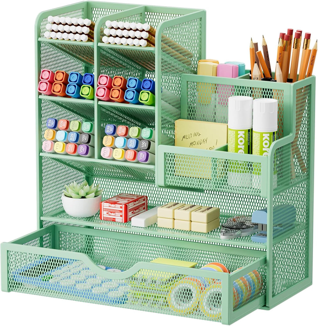 Marbrasse Mesh Pen Holder for Desk, Multi-Functional Pencil Organizer with Drawer, Desk Organizers and Accessories for Office Art Supplies (Green)