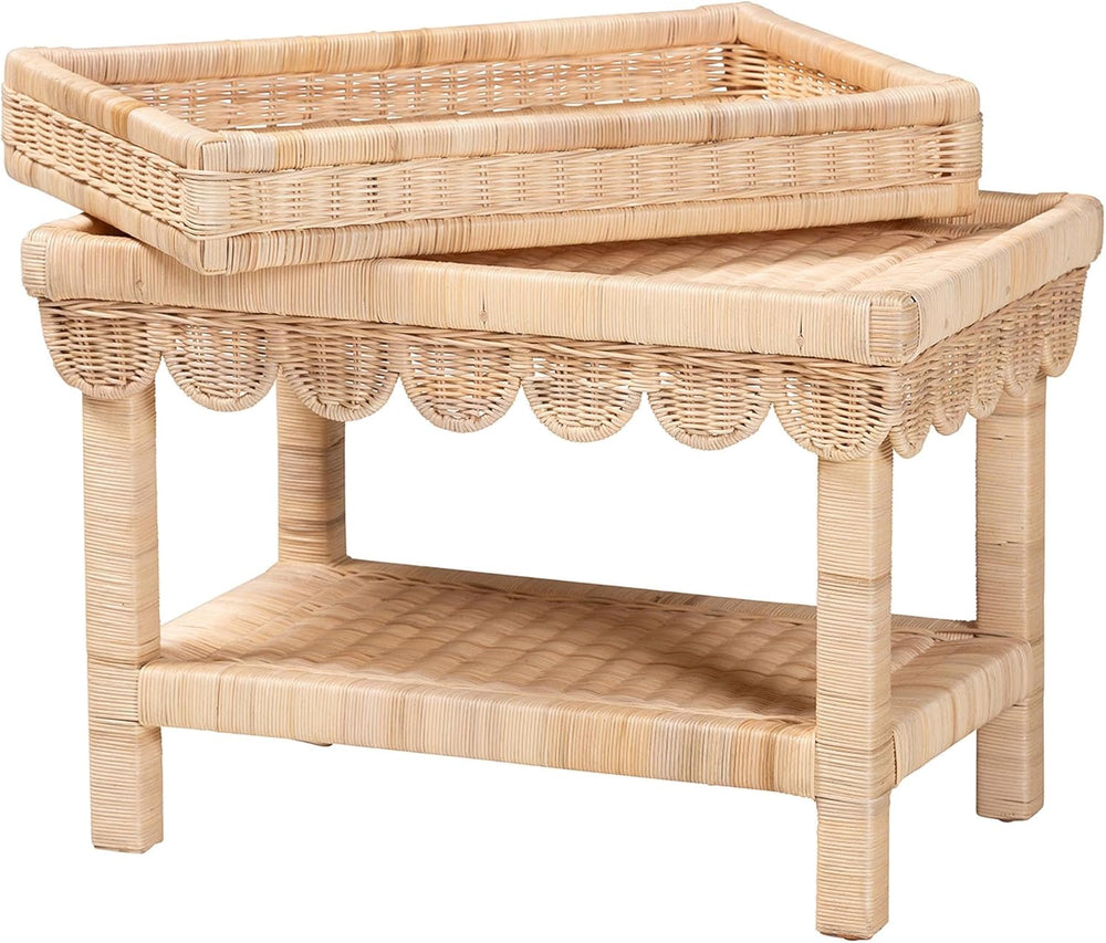 Bali & pari Weyman Scalloped Rattan End Table with Removable Tray Top - H...