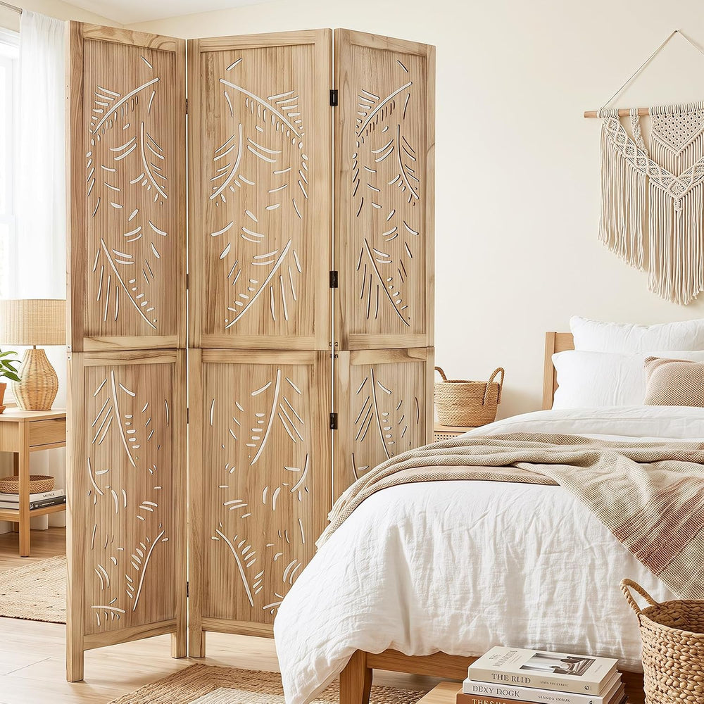 GIANTEX 3 Panel Boho Room Divider with Carved Palm Leaf Pattern, Natural
