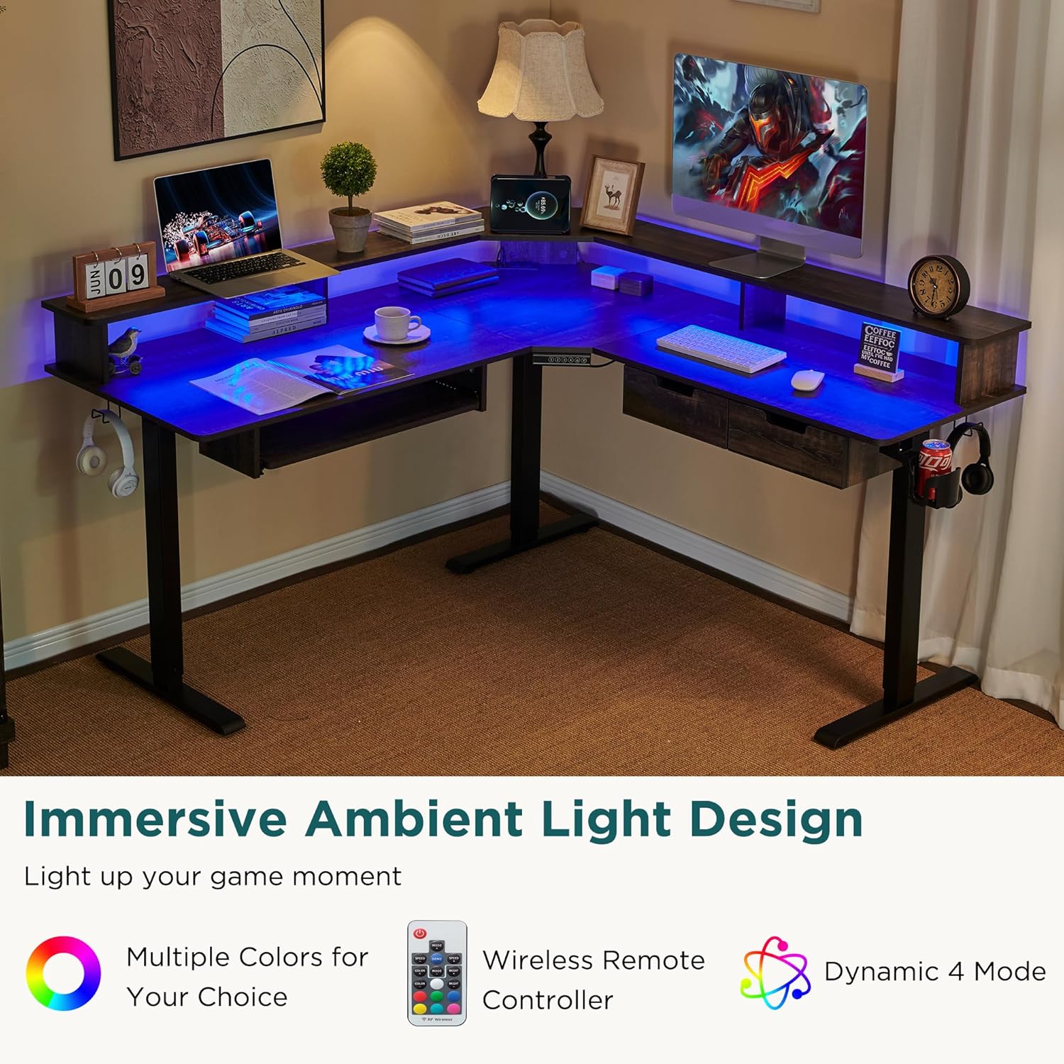 RedLemon 60 Inches L Shaped Electric Standing Desk,Height Adjustable Corner Gaming Desk with Drawers, Keyboard Tray, Power Outlets & LED Lights, Computer Desk with Monitor Shelf, Dark Rustic Oak