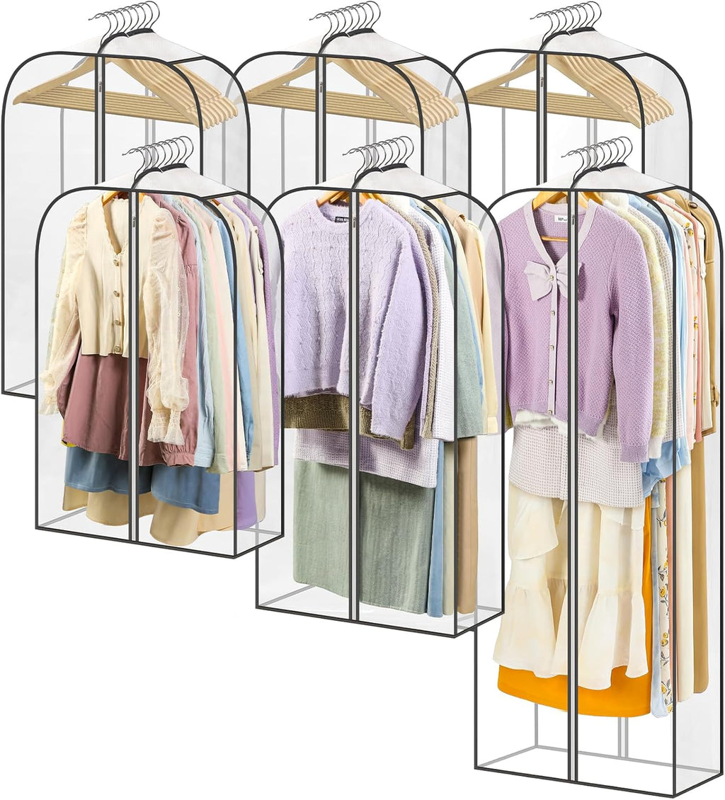 LANDNEOO 6 Pack Clear Garment Bags for Hanging Clothes with Zippers on Double Sides - 32&40&60" Long Suit Bags - 10'' Clothes Storage for Coat, Dress, and Fur in Closet