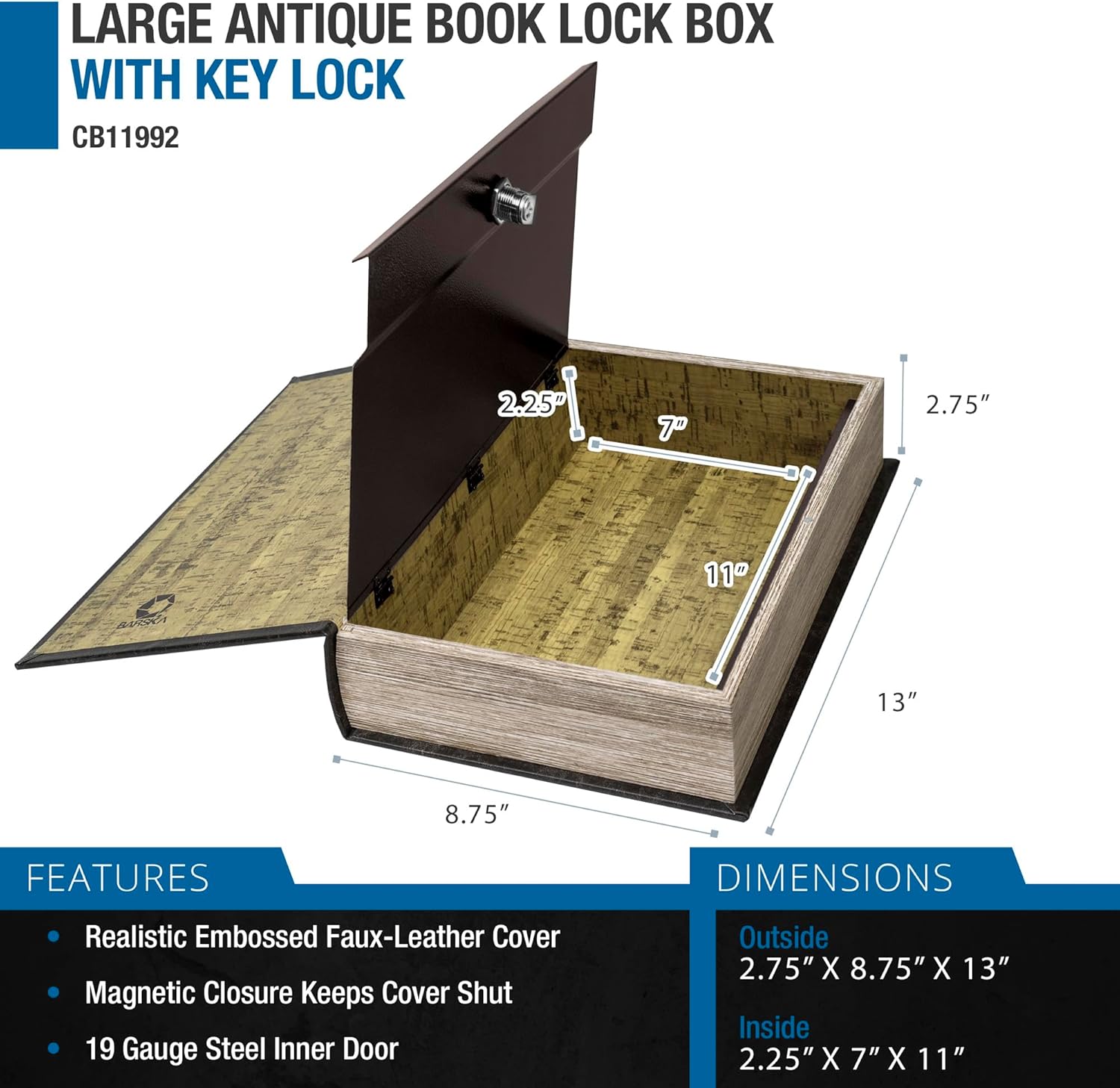 Barska Large Antique Book Lock Box with Key Lock , 8.75" x 2.75" x 13", black