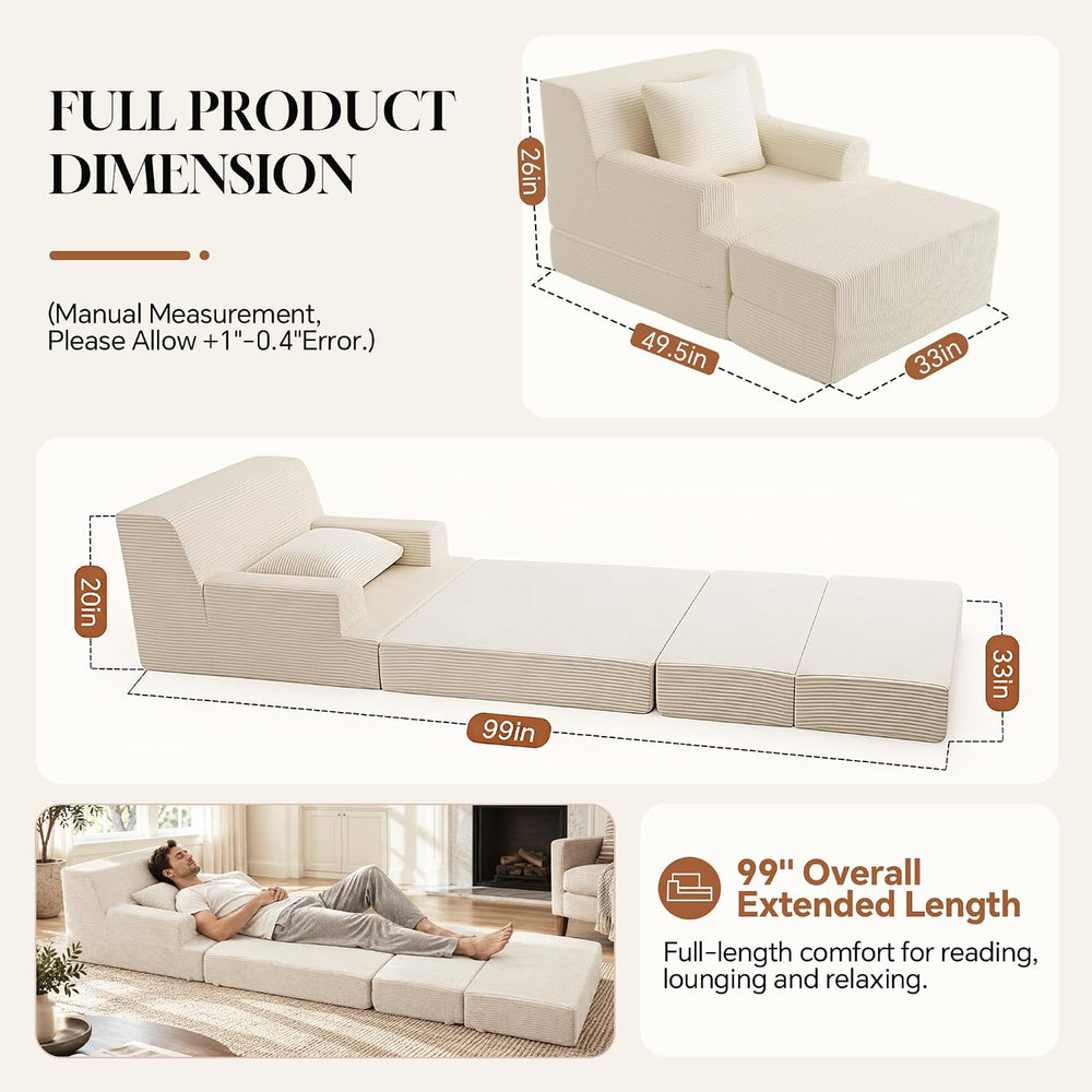 HOMBYS 5-in-1 Convertible Floor Sofa Bed, Cloud Boneless Couch with Ottoman