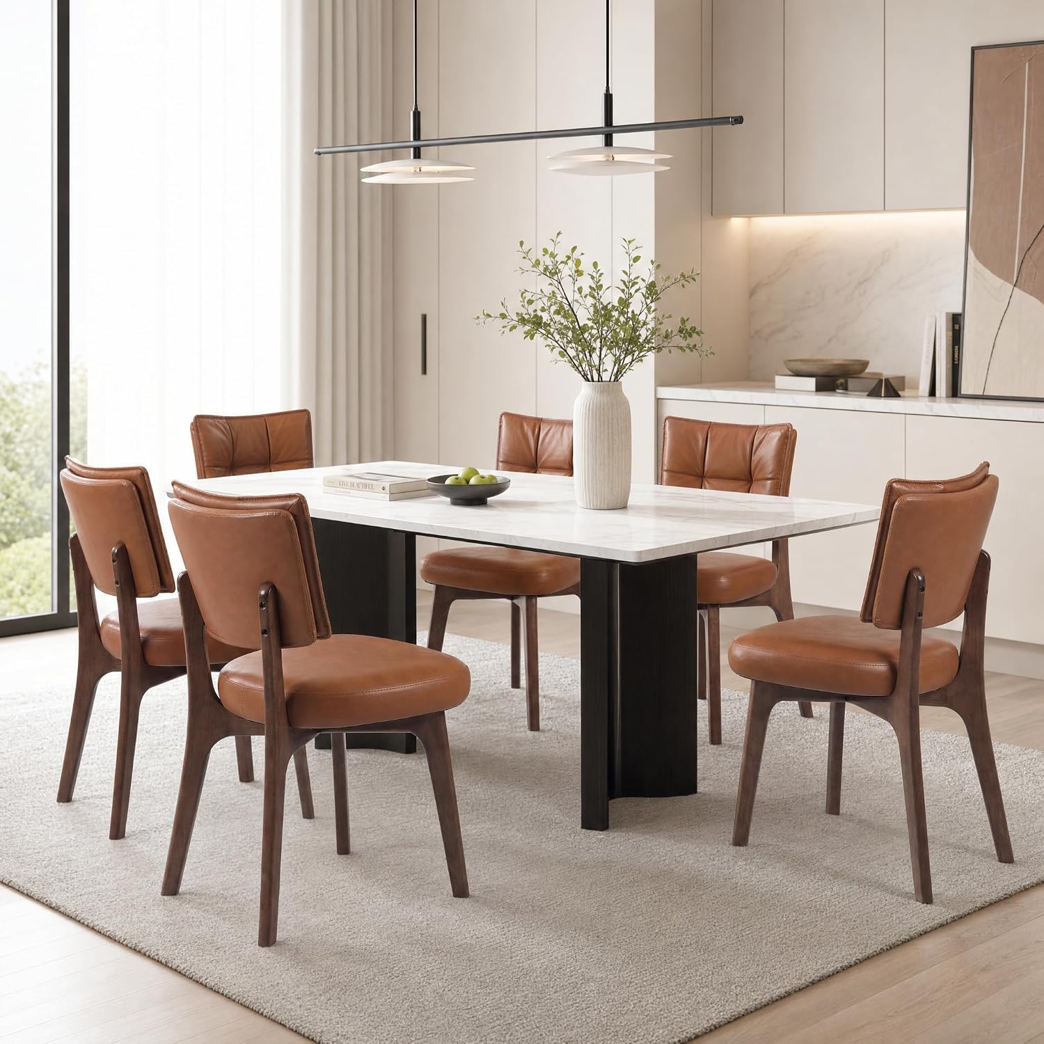 YOUNIKE Modern Dining Chairs, Upholstered Kitchen & Dining Room Chairs with Double-Layer Backrest, Wood Legs, Ergonomic Cushion Seat, (PU Leather Seat, Brown, Set of 4)