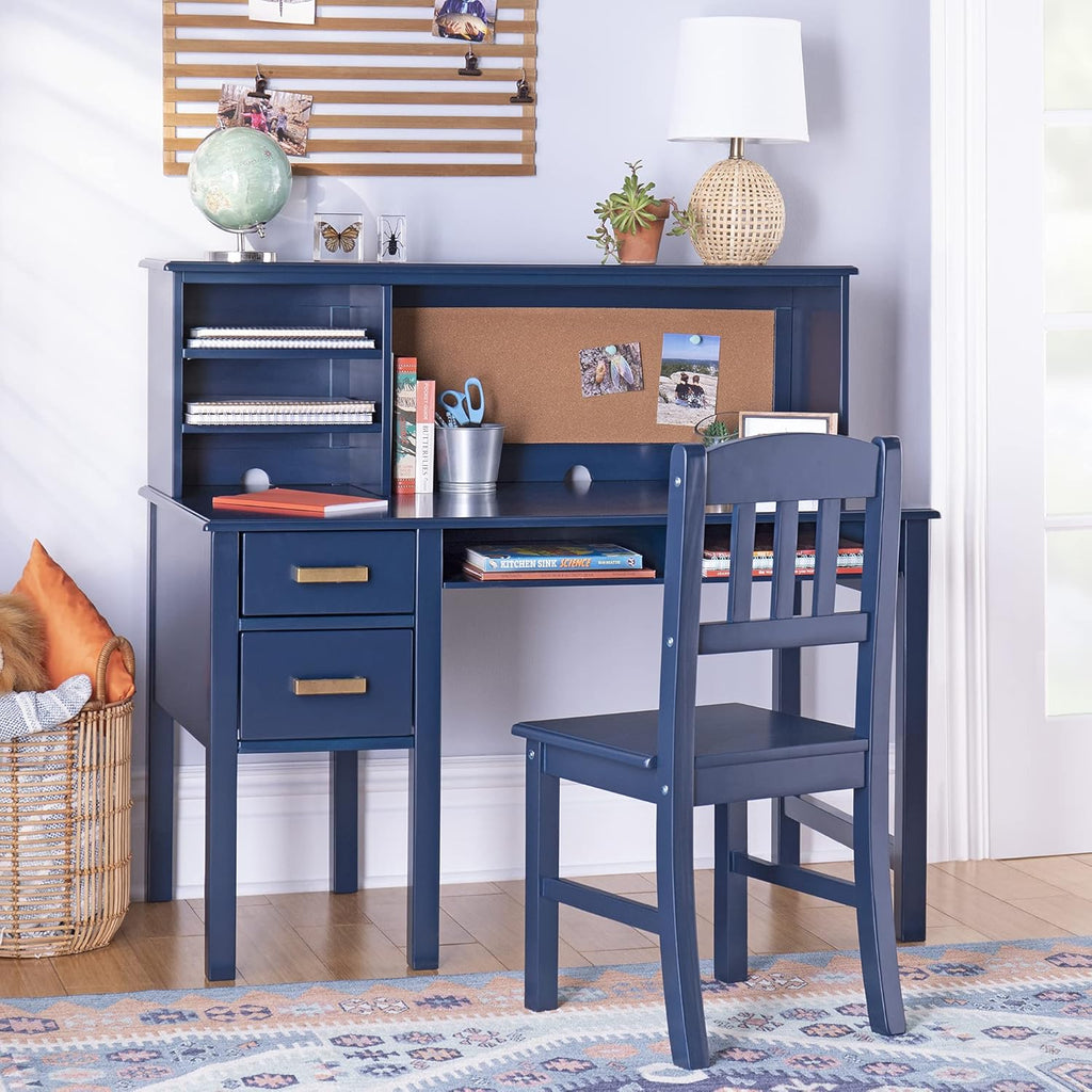 Guidecraft Taiga Kids Desk and Chair Set with Hutch - Navy: Wooden Computer Desk & Workstation | Kids Table with Storage, Drawers and Cubby Shelves, Children's Study Table & Chair Set