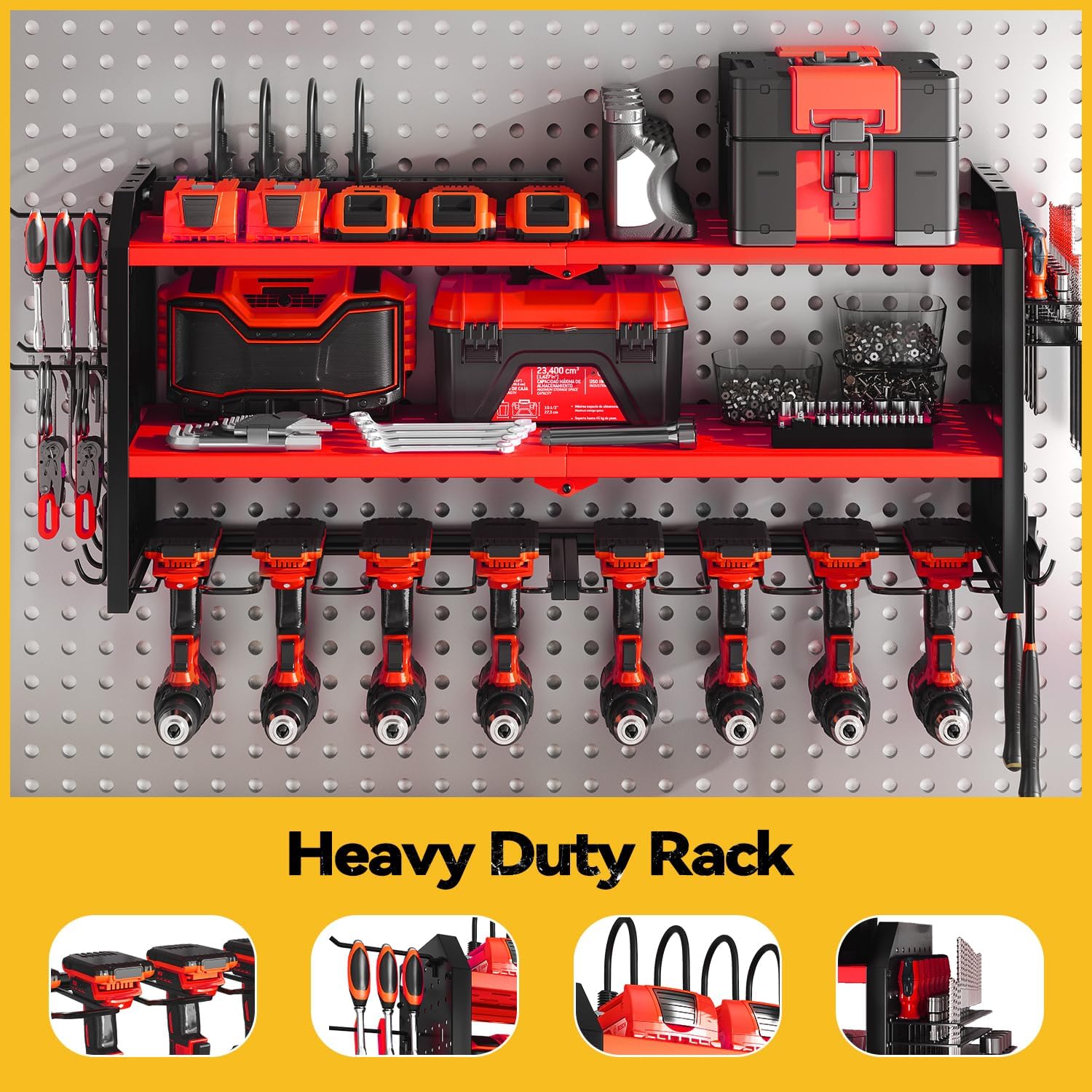SOYEEZE Large Power Tool Organizer Wall Mount with Charging Station, 3 Layer Heavy Duty Metal Tool Storage Rack with 8 Drill Holder, Tool Holder Built in 8 Outlet Power Strip-Red