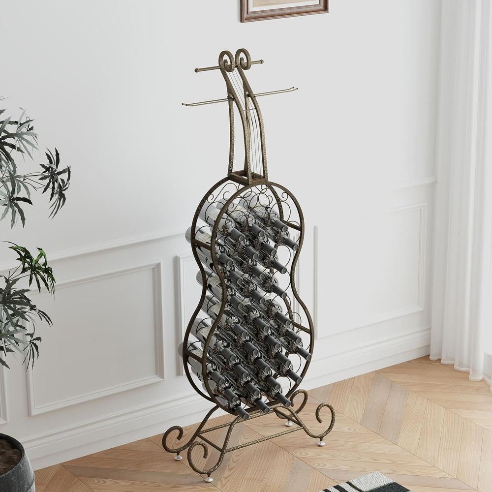 Cello Shaped Wine Rack Floor Standing, 32-Bottle Freestanding Metal Wine Towe...