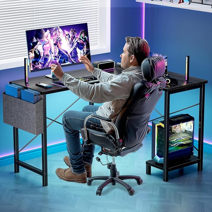 Sweetcrispy L Shaped Computer Desk - Corner Gaming PC Table with CPU Stand Side Bag for Home Office Dorm Sturdy Writing Studying Workstation Modern Simple Reversible, 50-Inch, Inky Black