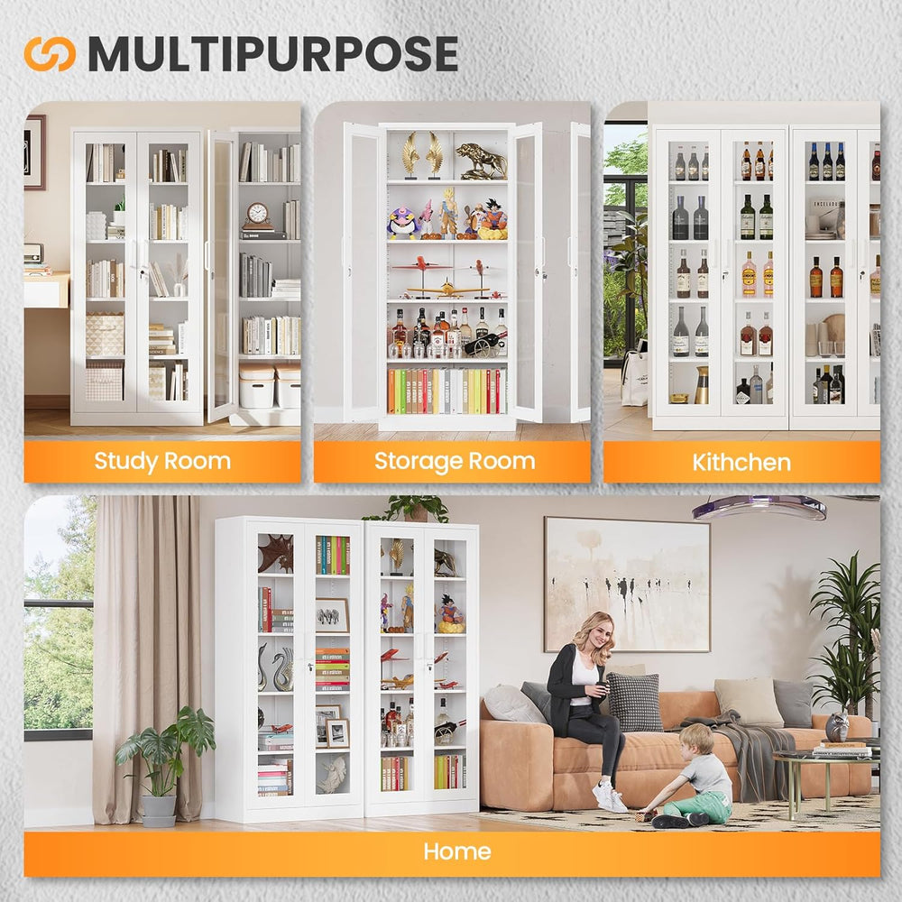 Locking Display Cabinet with Glass Door, 71”H Metal Curio Cabinets with Adjus...