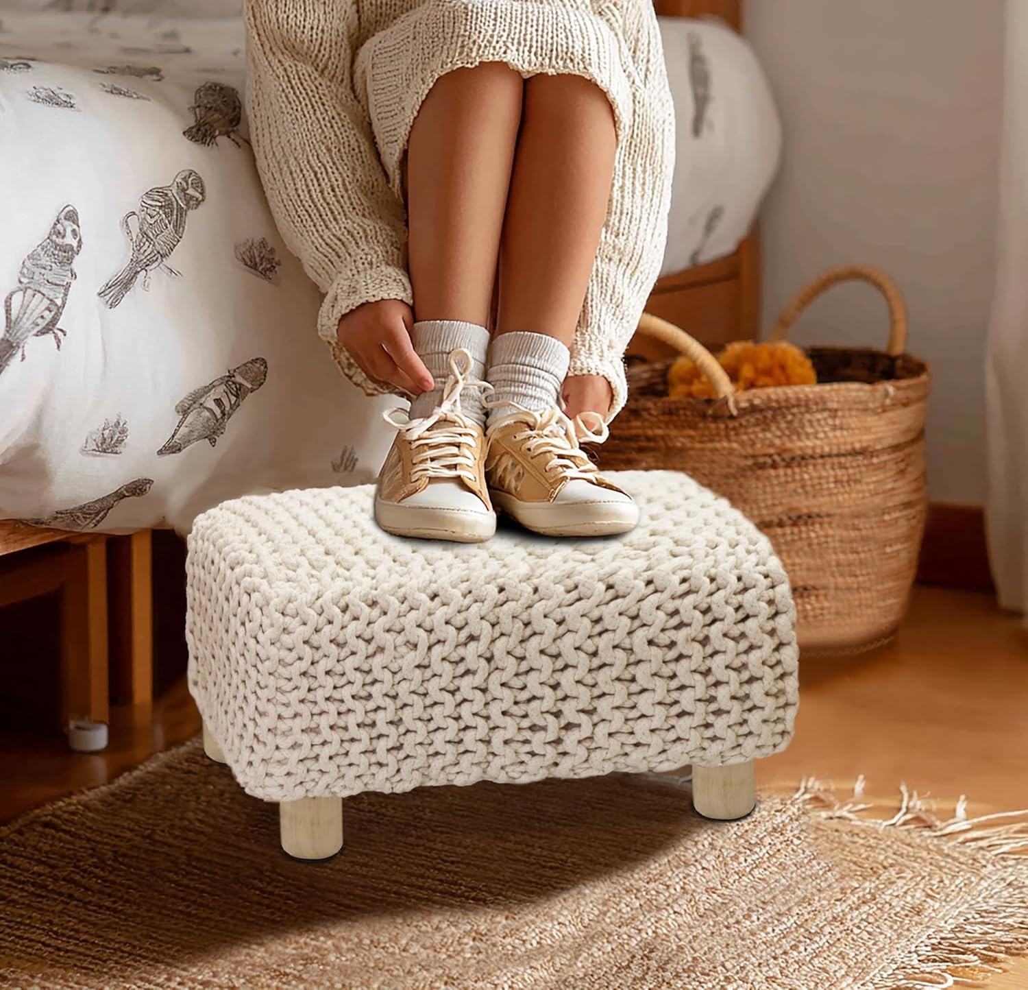 COTTON CRAFT Braided Footrest - Handknitted Dori Foot Stool with Sturdy Wood Legs – Handmade Boho Leg Rest - Small Spaces Under Desk Living Room Entryway Low Footstool Pouf - 16.5x12x9.5 - Ivory