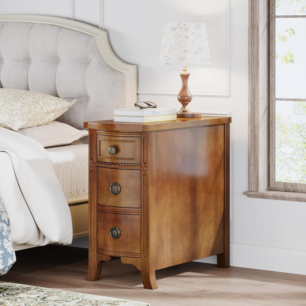 Farmhouse Solid Wood End Table, 3-Drawer Narrow Side Table Slim Chair Table f...