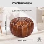 Moroccan Leather Handmade Pouf Ottoman Cover, Unstuffed Foot Stool, Round Boho Footrest for Living Room, Bedroom, Home Decor Gift (Dark Tan By White)