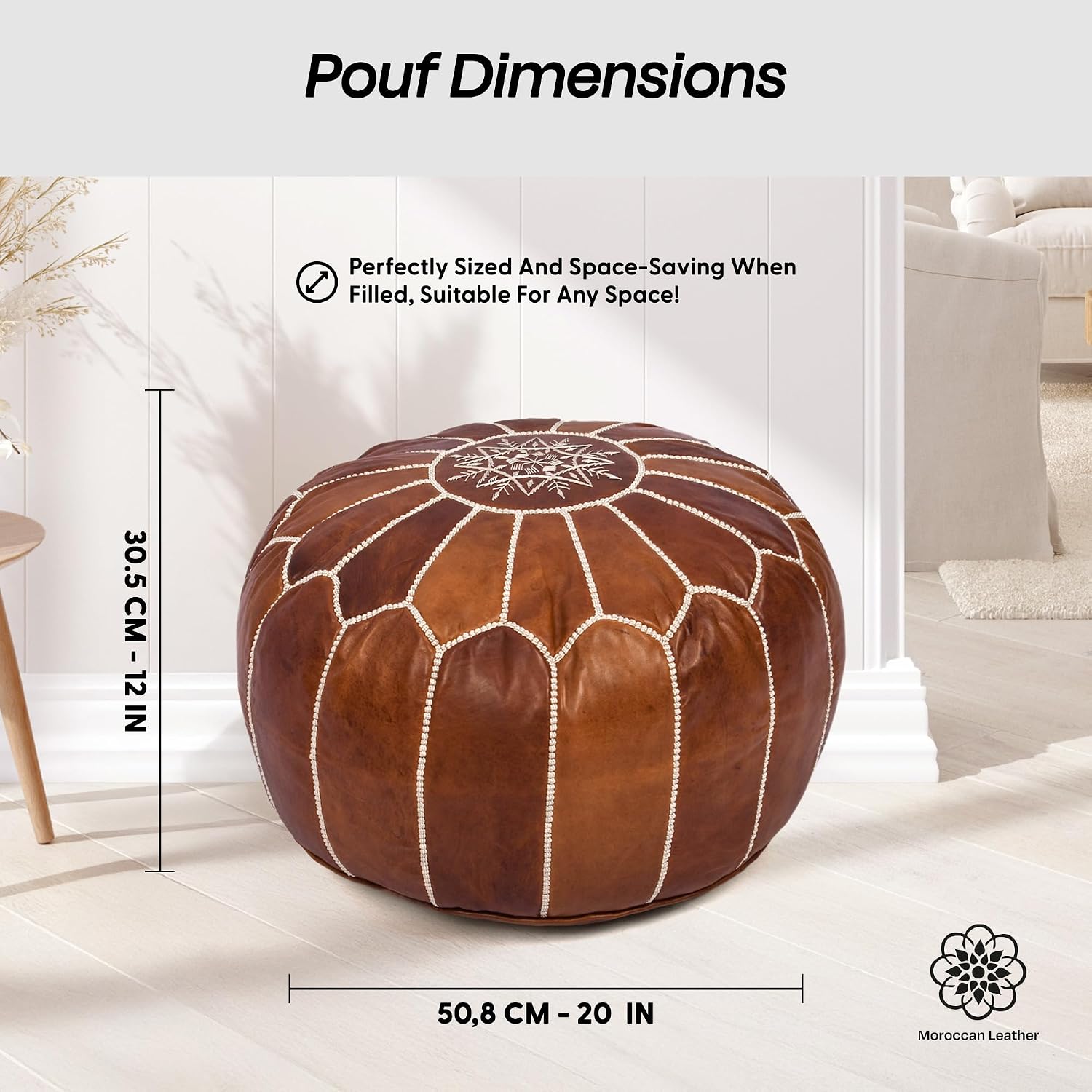 Moroccan Leather Handmade Pouf Ottoman Cover, Unstuffed Foot Stool, Round Boho Footrest for Living Room, Bedroom, Home Decor Gift (Dark Tan By White)