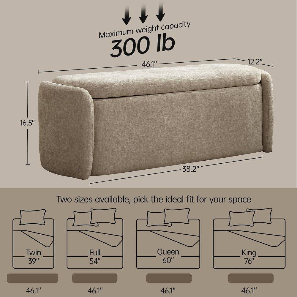 VKNOW Storage Bench, Upholstered Storage Ottoman Bench with Hinge, Khaki | Ot...