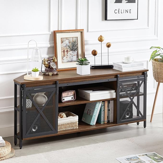 HOMISSUE Corner TV Stand for 55 Inch TV, Rustic Corner Entertainment Center with Storage, Industrial Media Console Table with Sliding Barn Door, Entertainment Center for Living Room, Brown