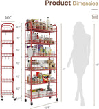 Slim Rolling Storage Cart, 6 Tier Metal Kitchen Rolling Utility Cart with Lockable Wheels for Kitchen, Bathroom, Laundry Room, Small Narrow Spaces (Red 10 Inches)