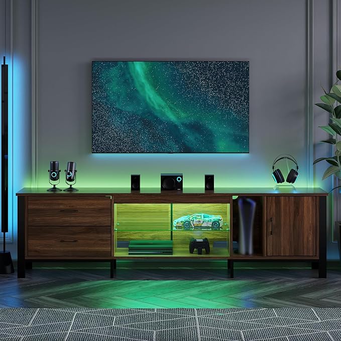 Bestier TV Stand for 75/80/85 inch TV, LED Gaming Entertainment Center, Modern TV Cabinet with Glass Shelves for Living Room, Media Console with 2 Storage Drawers & Cabinets for Bedroom, Walnut