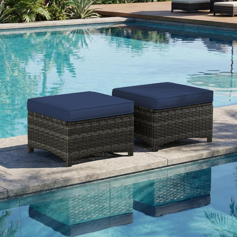 Outdoor Wicker Ottoman Set of 2, Patio Swivel Rattan Ottoman with Thick Cushi...