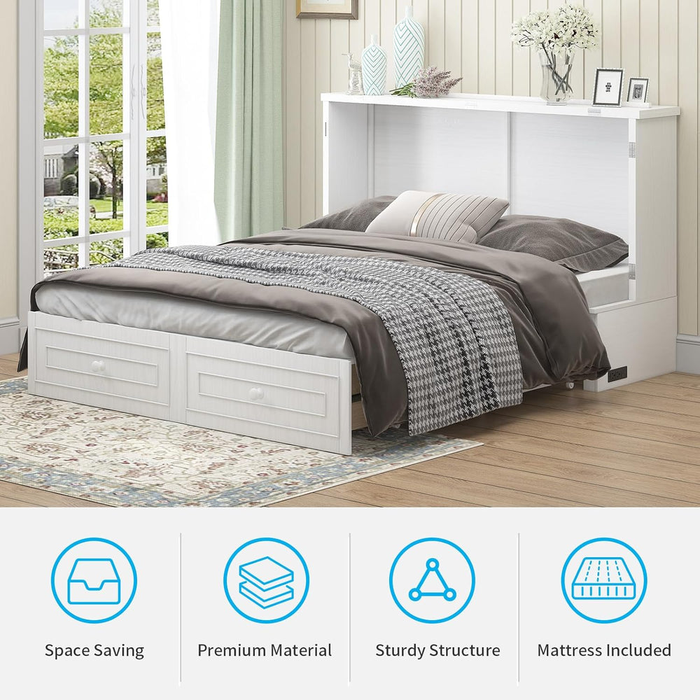 Mjkone Murphy Cabinet Bed Queen Size White No Mattress | with Tri-Folding Mat...