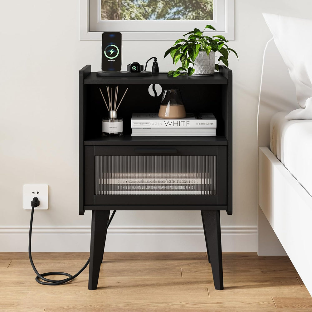MMEOLUOOK Nightstand with Charging Station, Bedside Tables, End Table Side Ta...