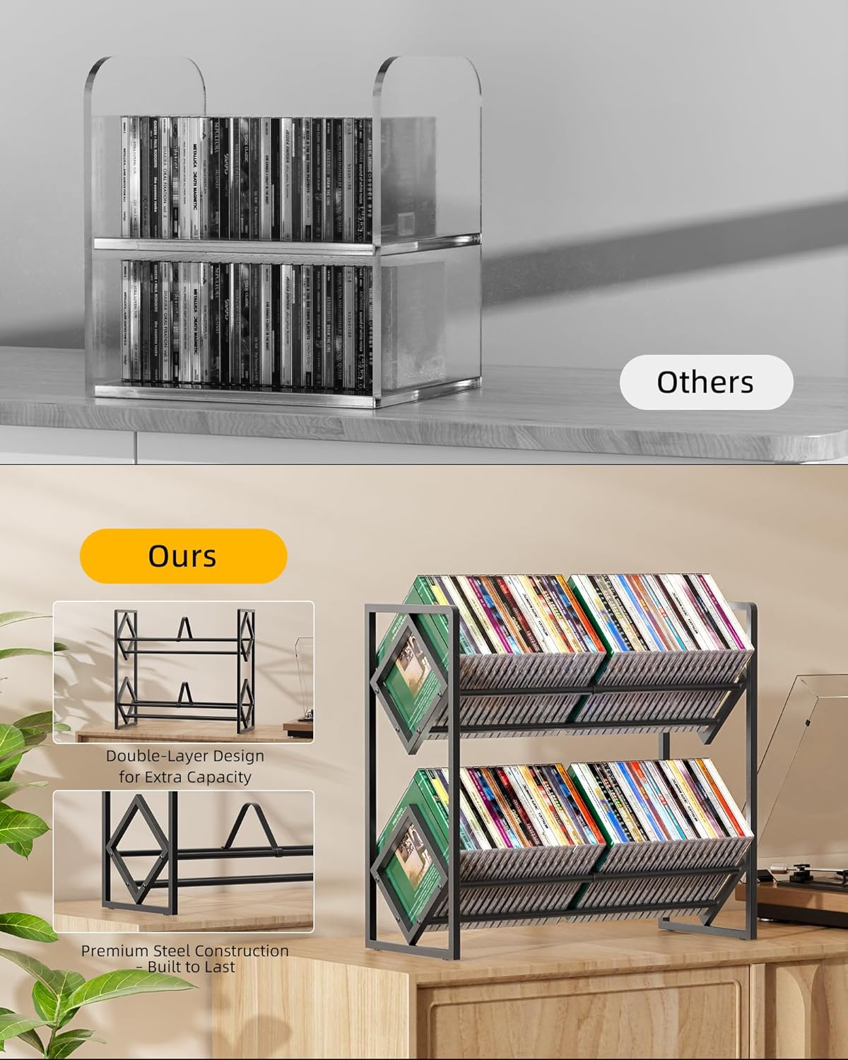 2-Tier CD Storage Metal Display Shelf, CD Holder Rack with Adjustable Divider, Store up to 80 CDs for Non-slip Feet, Modern for Music Collection Enthusiasts Home Organization and Decor