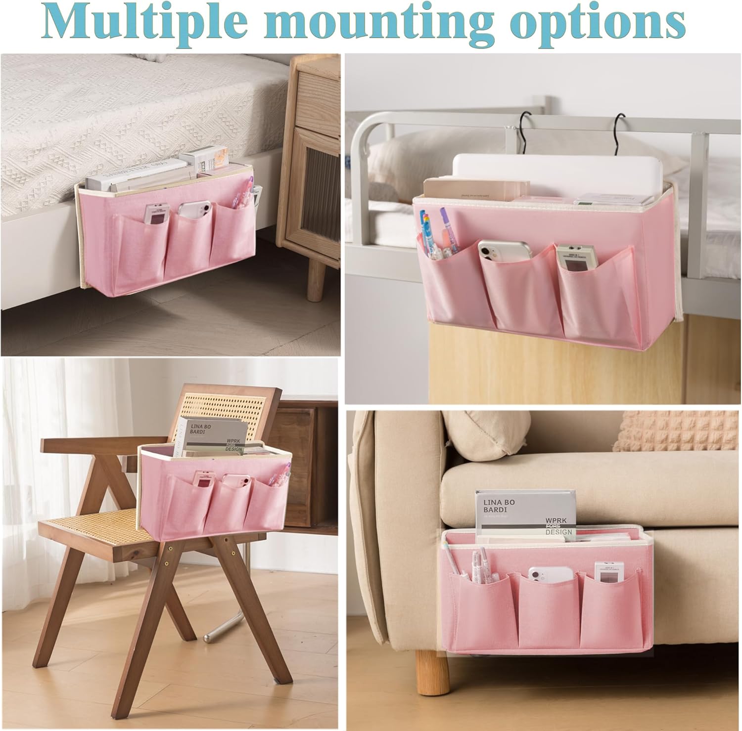 Bedside Caddy/Bedside Storage Organizer Hanging Bag with Three Options,Suitable for home beds, sofas, and dormitory beds—can hold magazines, books, phones, iPads, remote controls. (Pink)