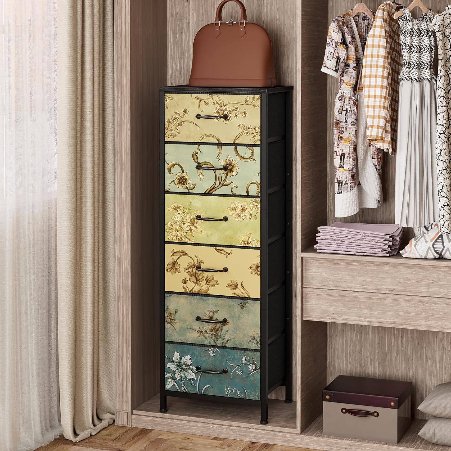 Furnulem Tall 6 Drawers Dresser for Bedroom, Vintage Storage Organizer Unit | Tall Nightstand with Fabric Drawers, Retro Floral Pattern, Skinny Dresser for Closet, Dorm, Entryway, Metal Frame, Wood Top