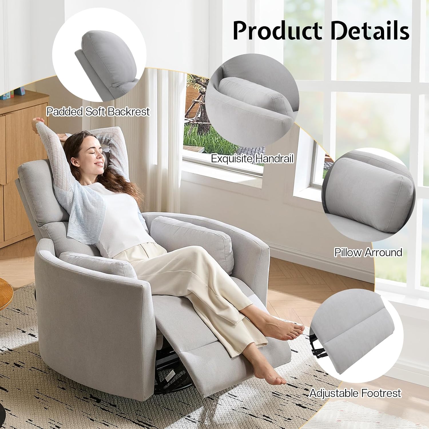 Jocisland Power Rocking Nursery Chair/Swivel Recliner/USB, Grey Fabric | Oversized Glider Chairs,Fabric,2 Pillows,USB & Type-C,Reclining Armchair Sofa,Living Room,Bedroom,Nursing