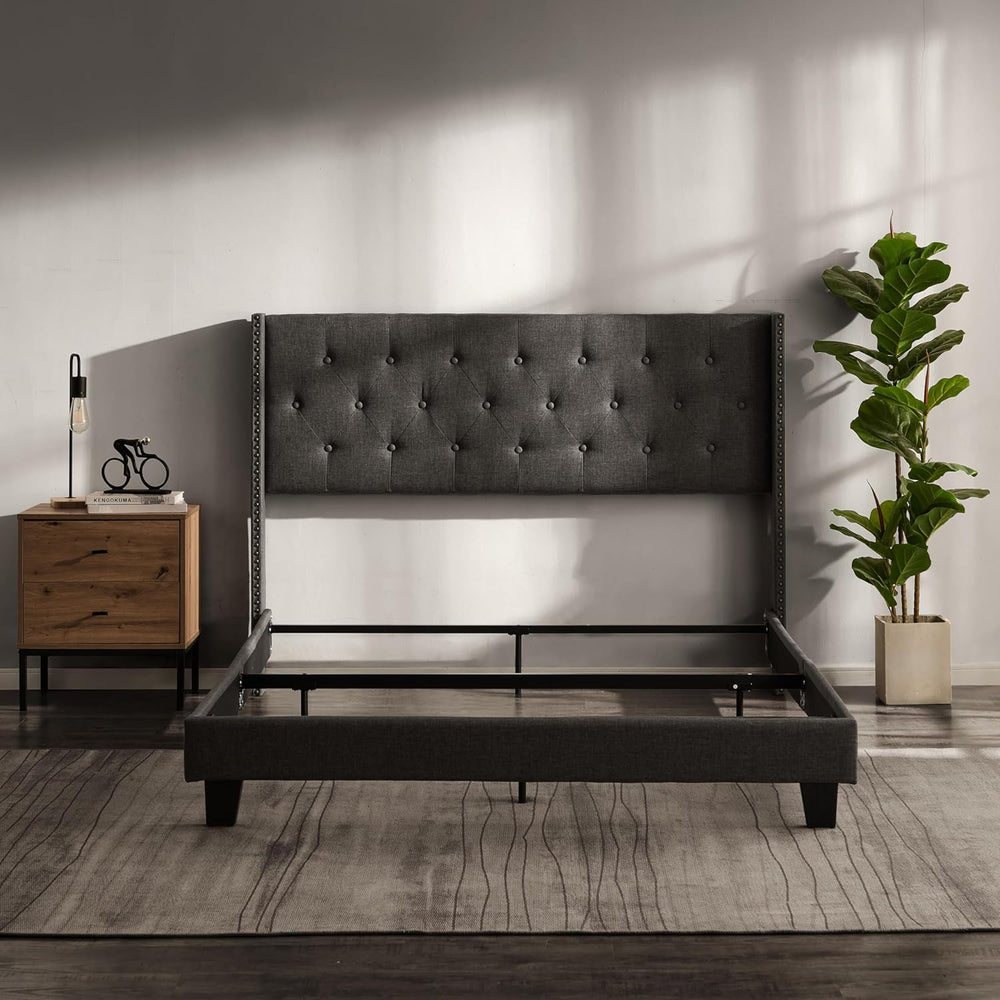 Hearth & Harbor Queen Bed Frame with Headboard Wingback – Linen Platform ...