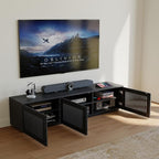 POVISON Mid Century Modern Wood Slatted TV Stand with LED Lights, Media Console for 70+ Inch TV, Entertainment Center with Storage Cabinet for Living Room, Fully-Assembled (Black, 70.87")