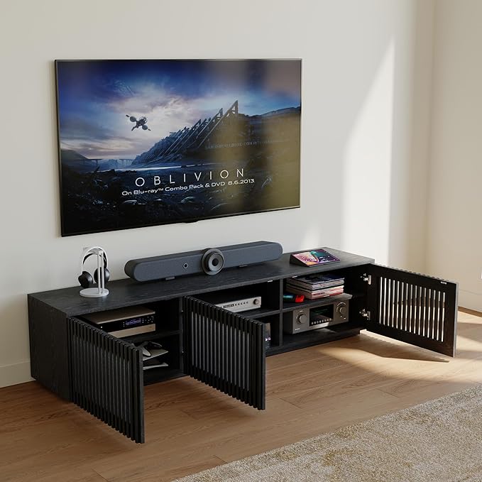POVISON Mid Century Modern Wood Slatted TV Stand with LED Lights, Media Console for 70+ Inch TV, Entertainment Center with Storage Cabinet for Living Room, Fully-Assembled (Black, 70.87")