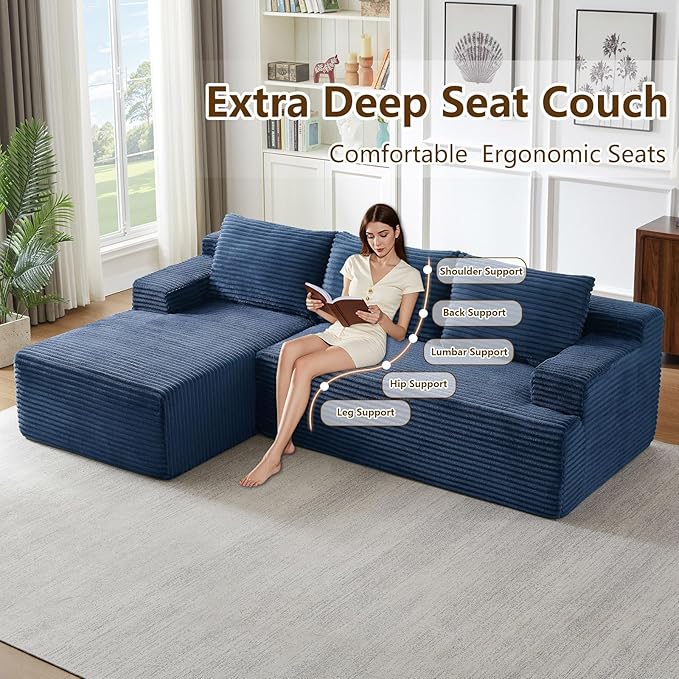 96.1" Modular Sectional Sofa Couches L-Shape Couch 3 Seat Modular Sofa Corduroy Memory Foam Sectional Boneless Couches for Living Room, Cloud Couch with Oversized Chaise(Blue, Left Facing)