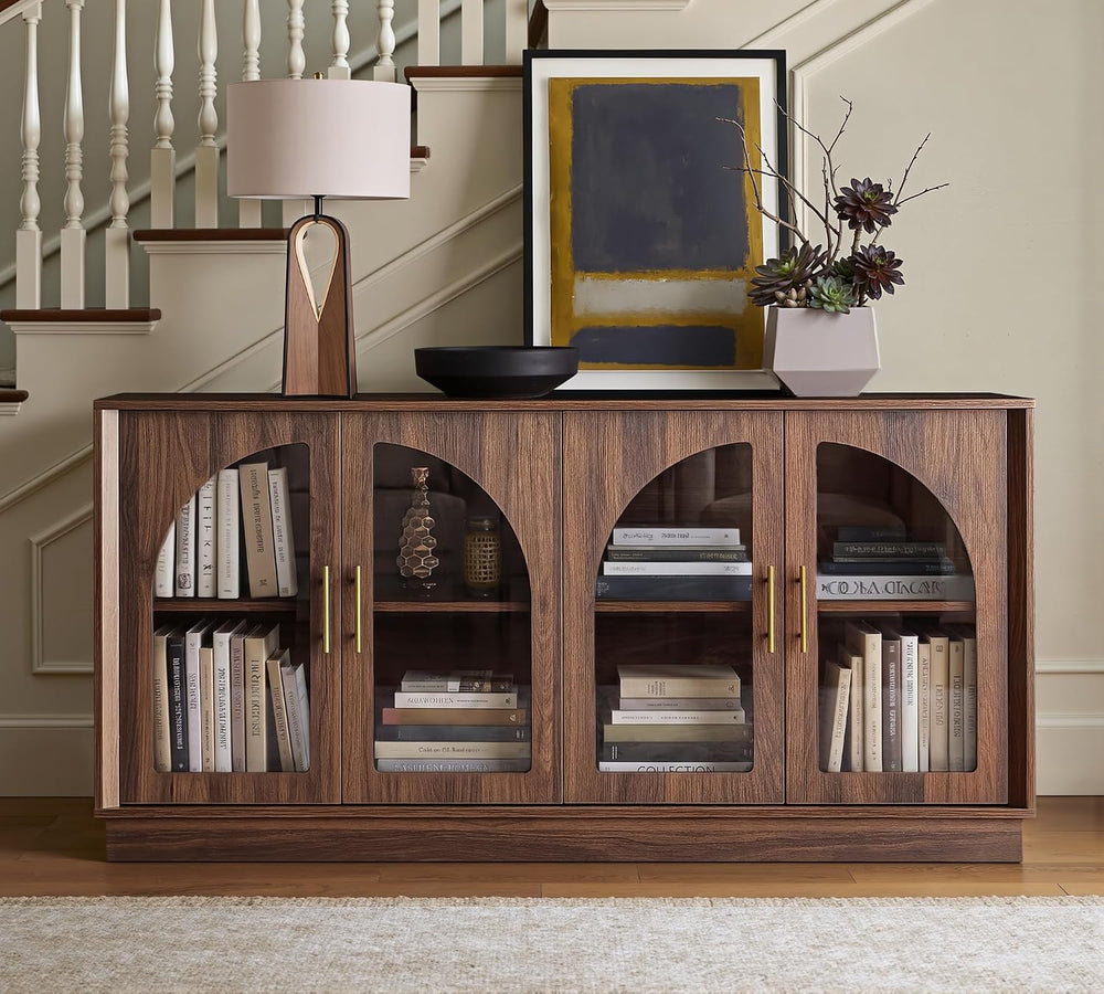 FORTUNETEC 64" Sideboard Buffet Cabinet with Arched Glass Doors,Dark Walnut