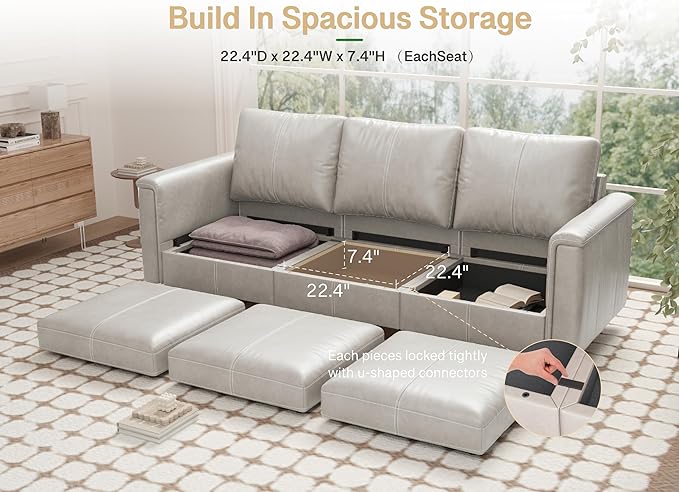 SITJOY 91" Faux Leather Modular Sectional Sofa with Storage, Mid Century Modern Sectional Couches for Living Room, Soft Padded Armrests, 3 Seater Couch, Greige