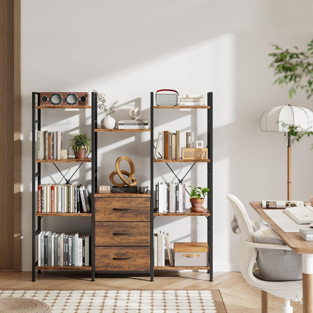 AFLUI Triple Bookshelf with 3 Fabric Drawers, 4-Tier Book Shelf and 10 Displa...