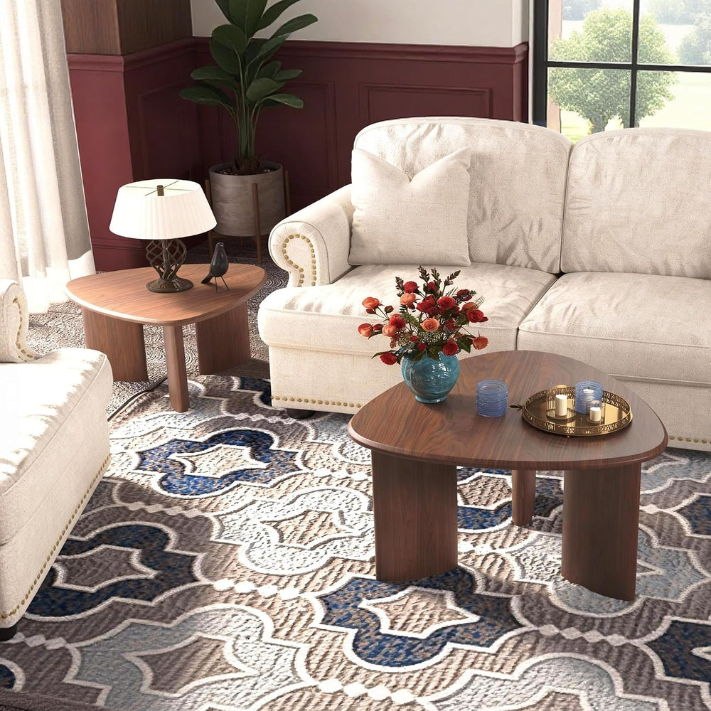 Nesting Coffee Table Set of 2, Modern Walnut Wood Veneer Coffee Table and Sid...