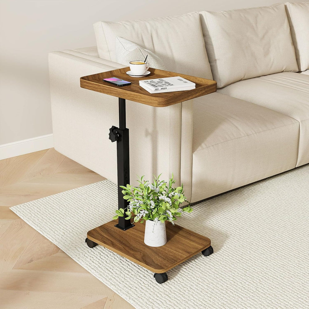 End Table, Adjustable Height Side Table, 360° Rotating MDF Veneer Sofa Side T...