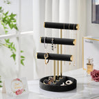 Bracelet Holder Jewelry Organizer Display - 3 Tier T Bar Velvet Stand, Black Necklace Holder Organizer, Bracelet Holder, Earring Holder and Ring Display for Jewelry Organizers and Storage