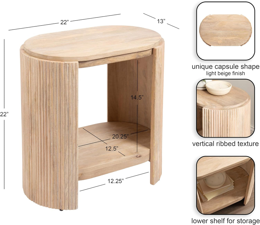 Kate and Laurel Cakora Modern Capsule Ribbed Mango Wood Side Table, 22 x 13 x...